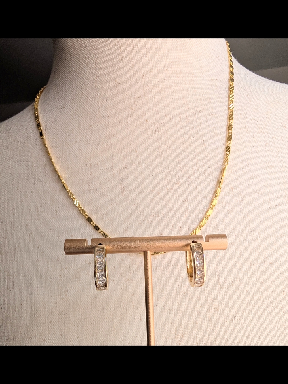Gold Hoop Earrings - Gold Tone Huggie Hoop Earrings with Inlaid Cubic Zirconia - Picture 15 of 16